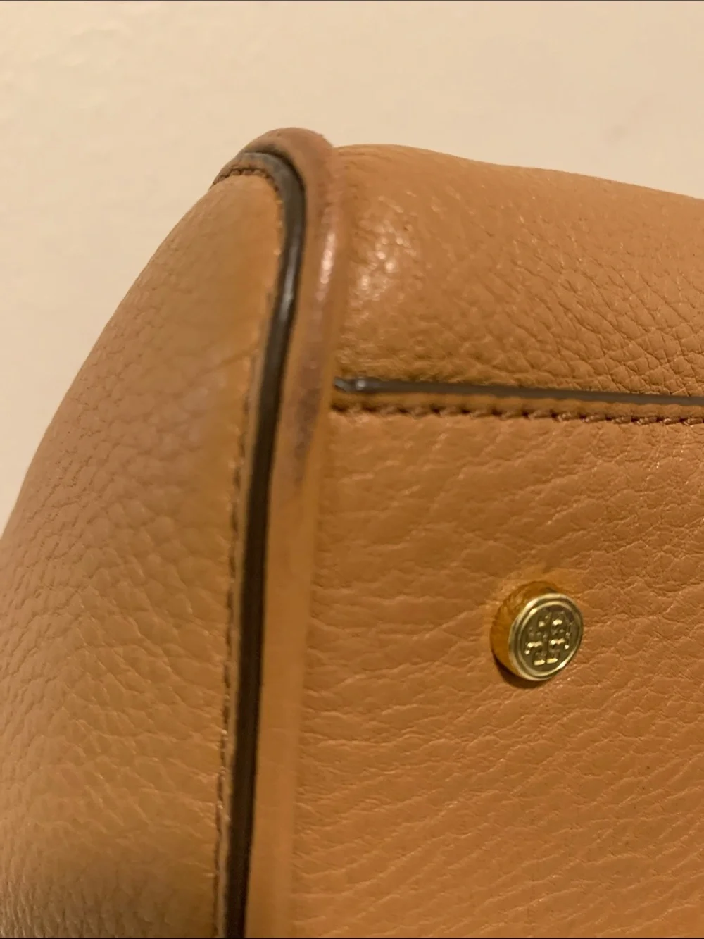 Tory Burch Robinson Camel Brown Pebbled Leather Satchel with Gold Logo